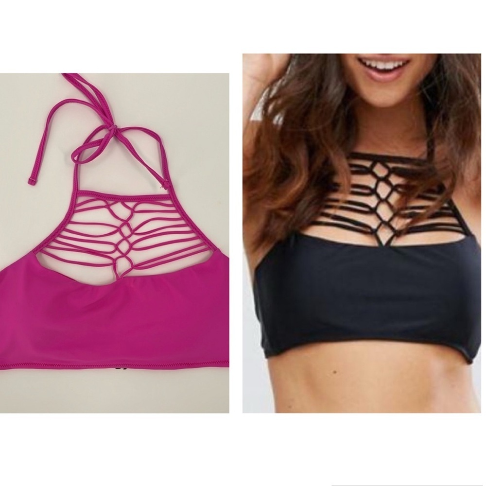 Raisins High Neck Macrame Bandeau Bikini Top Hot Pink Boho Halter Large